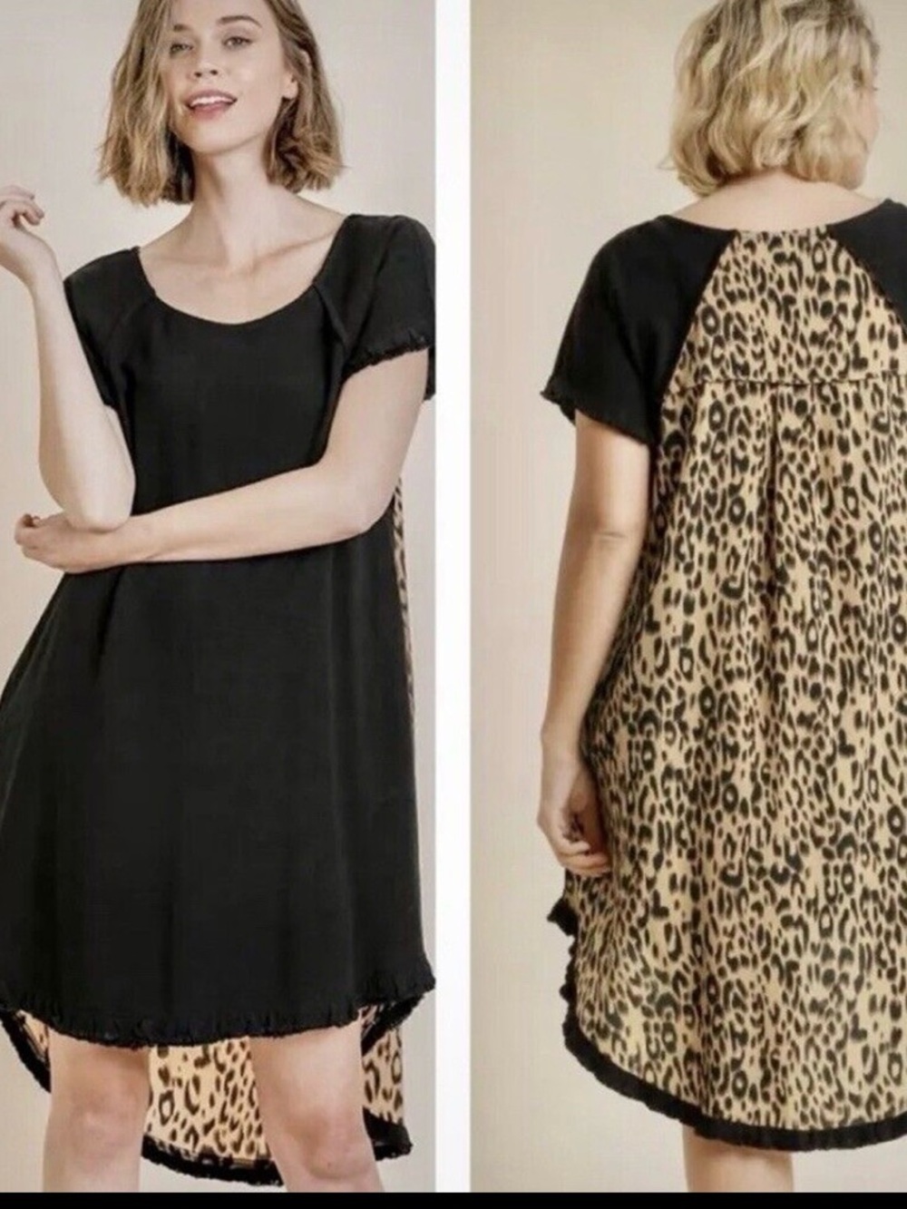 UMGEE Black Dress Leopard Animal Print Sz S Linen Boho Western Fringe Edge